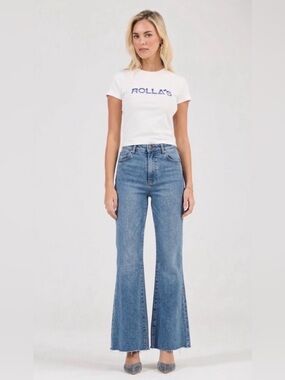 Rolla's Eastcoast Crop Flare Jeans High Rise Blue Raw Hem